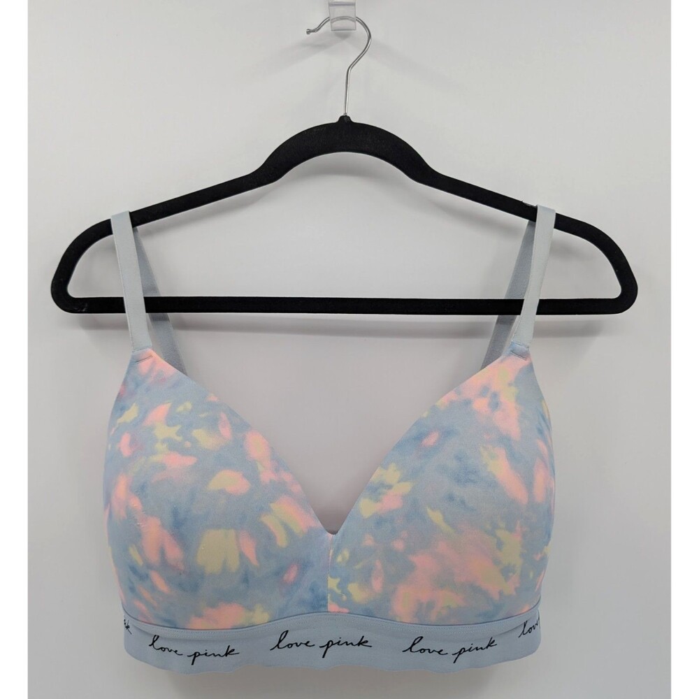 Victoria's Secret PINK Bra 34DD Blue Tie Dye Wireless Lightly Lined-READ